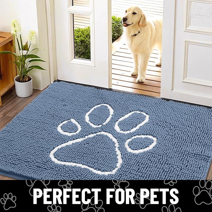 Smiry Dog Door Mat for Muddy Paws, Absorbent Dirt Trapper Non Slip Quick Dry Washable Chenille Mat for Mud Dogs, Entry Rug for Indoor and Outdoor (30x20 Inches, Airy Blue and White)