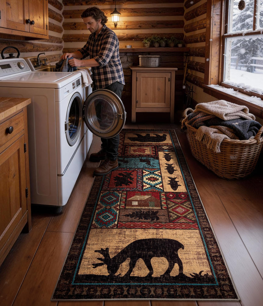 Rustic Cabin Hallway Runner Rug 2'8"x8' - Bear Washable Rug, Non-Slip Low Pile Soft Farmhouse Carpet, Southwestern Wildlife Print Floor Runner Rugs for Kitchen, Entryway, Laundry, Bedroom