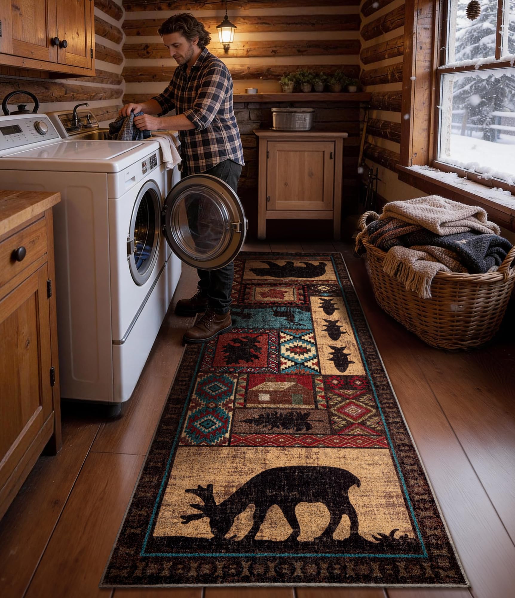 Rustic Cabin Hallway Runner Rug 2'8"x8' - Bear Washable Rug, Non-Slip Low Pile Soft Farmhouse Carpet, Southwestern Wildlife Print Floor Runner Rugs for Kitchen, Entryway, Laundry, Bedroom
