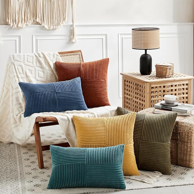 Fancy Homi 2 Packs Olive Green Lumbar Decorative Throw Pillow Covers 14x22 Inch for Living Room Couch Bed, Farmhouse Boho Home Decor, Soft Striped Corduroy Rectangle Accent Cushion Case 35x55 cm