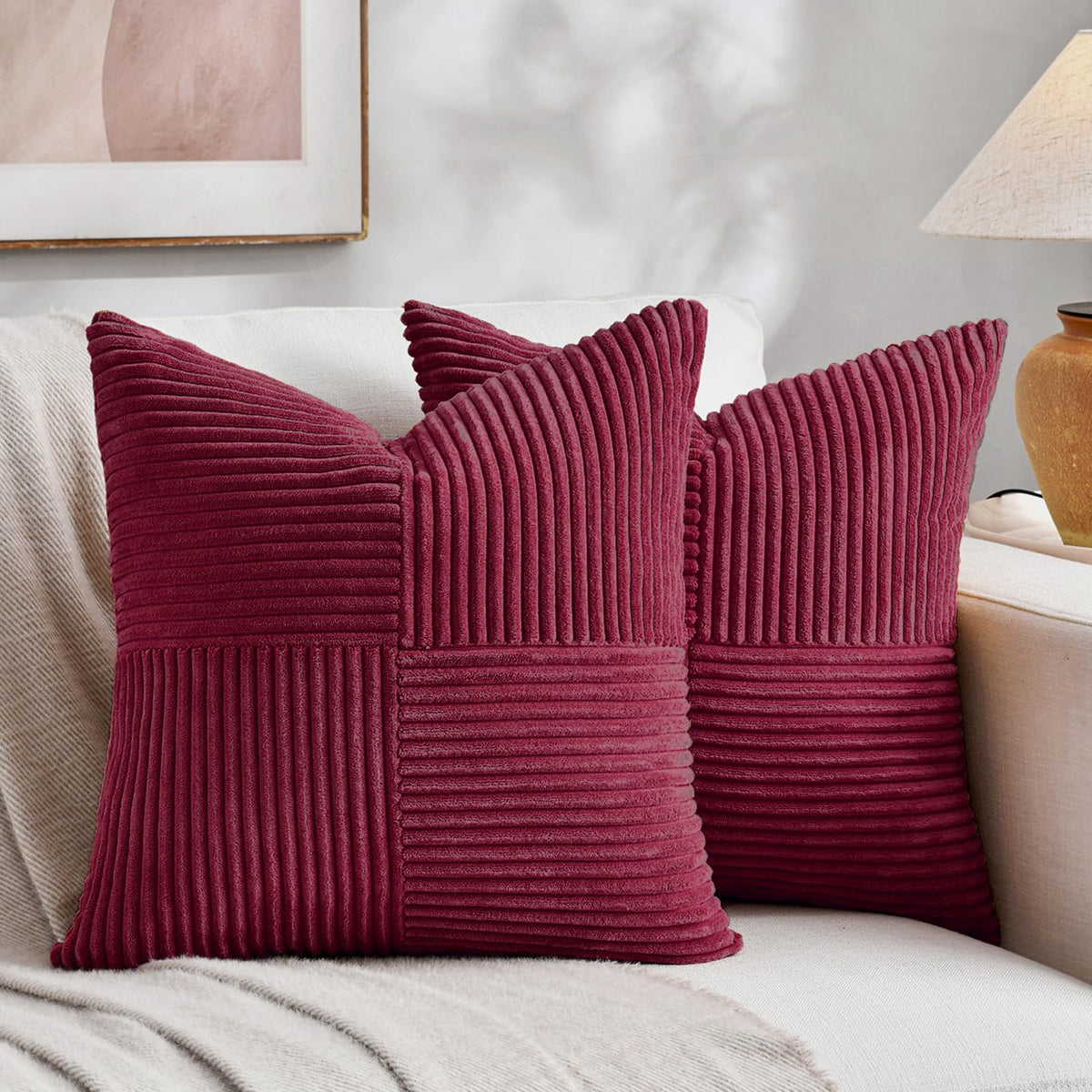 Fancy Homi 2 Packs Blush Pink Big Decorative Throw Pillow Covers 24x24 Inch for Living Room Couch Bed Sofa, Rustic Farmhouse Boho Home Decor, Soft Corss Corduroy Patchwork Accent Cushion Case 60x60 cm