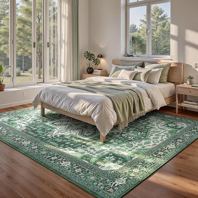 Rugflix 9x12 Area Rugs for Living Room, Machine Washable Rug Non Slip Stain Resistance, Large Rug Vintage Distressed Soft Carpet for Bedroom, Dining Room, Home Office, Green