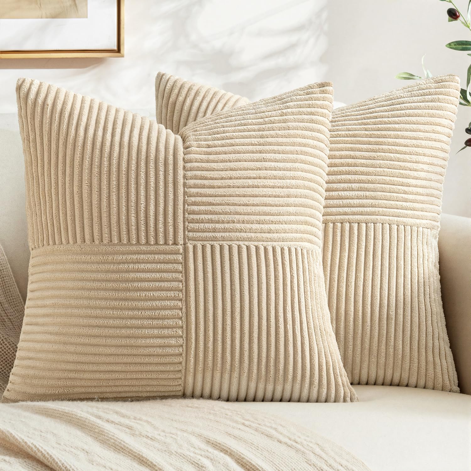 MIULEE Natural Beige Decorative Throw Pillow Covers for Couch 18x18 Inch