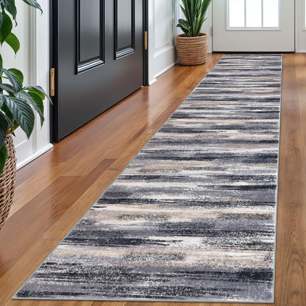 Lansny Modern Abstract Runner Rug 2x10, Grey Black Multi Washable Long Kitchen Runner Non-Slip Soft Hallway Rug Runner Thin Print Faux Wool Carpet for Entryway Bedroom Laundry Room Indoor Home Decor