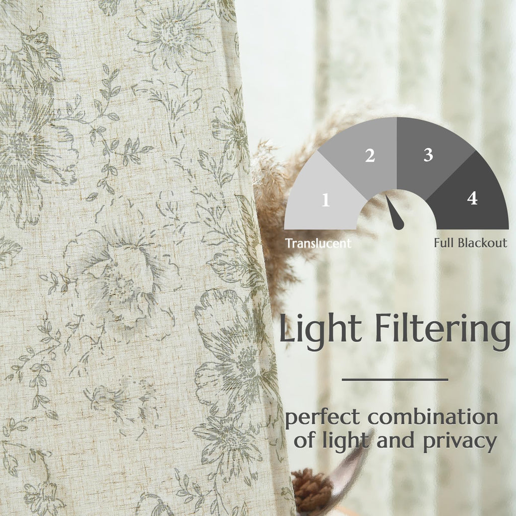 jinchan Green Floral Linen Light Filtering Curtains for Living Room 63 Inches Long