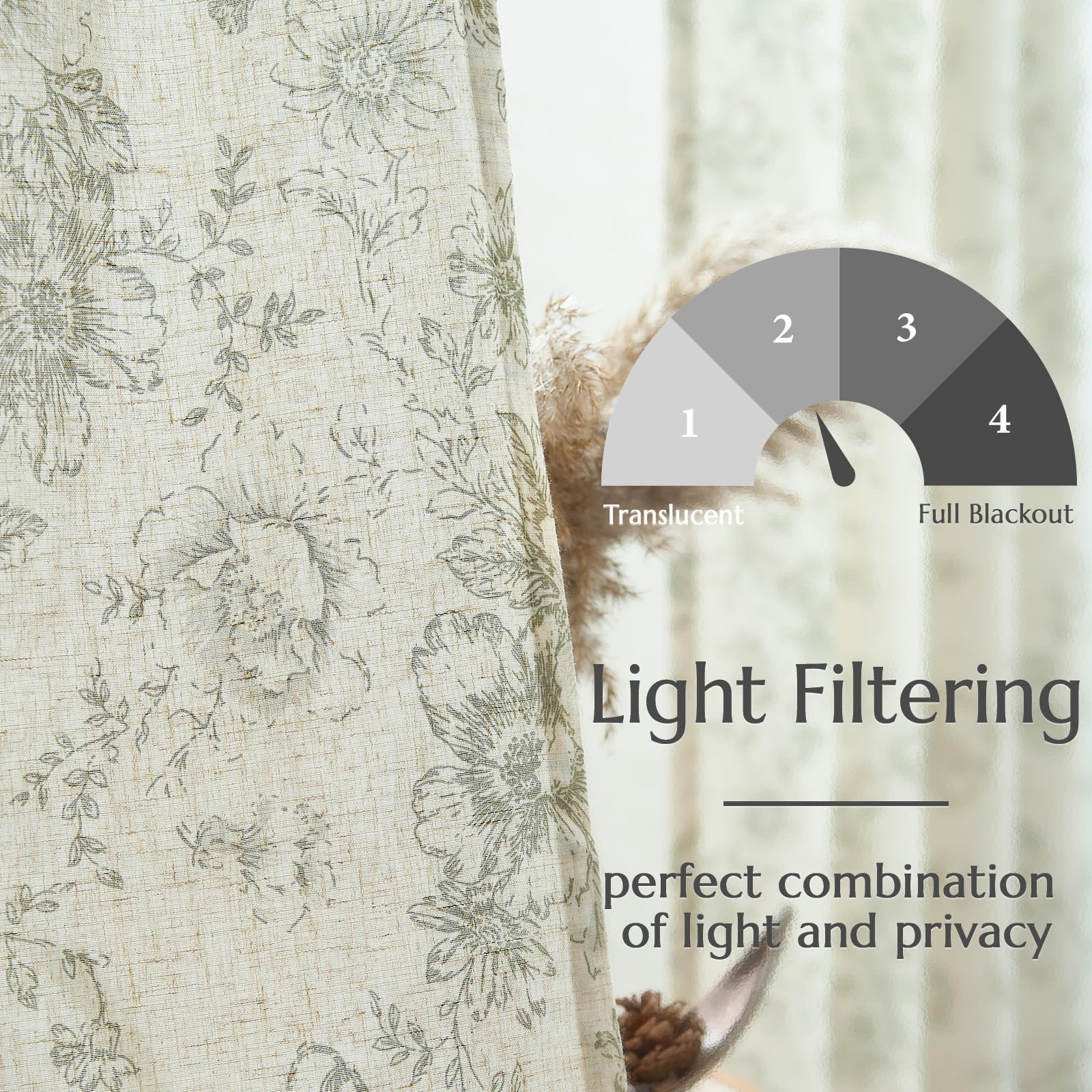 jinchan Green Floral Linen Light Filtering Curtains for Living Room 63 Inches Long