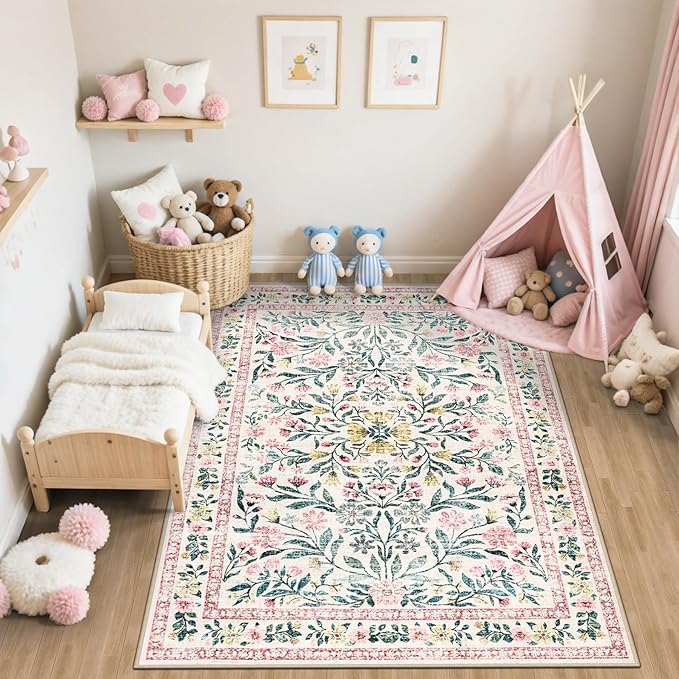 PLHXFR Area Rug Living Room: 5x7 Floral Washable Boho Carpet Pink Green