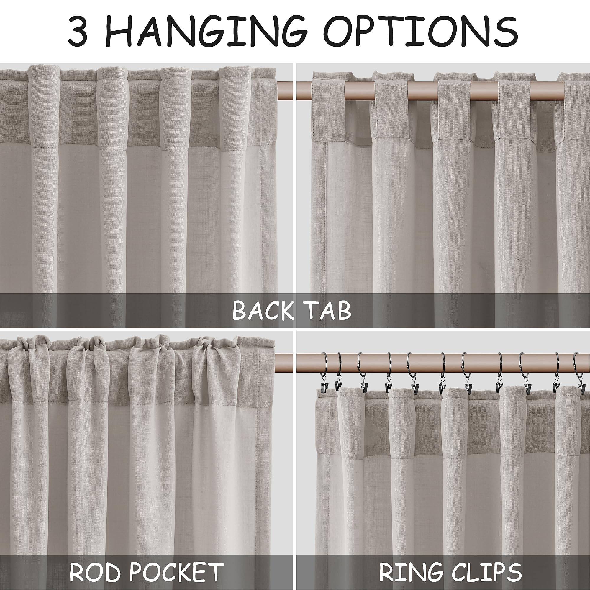 Nanspring Stone Grey Linen Curtains 90 Inches Long for Living Room Simple Modern Light Filtering Semi Sheer Curtain Back Tab and Rod Pocket Neutral Luxury Drapes for Bedroom Office 52x90, 2 Panels