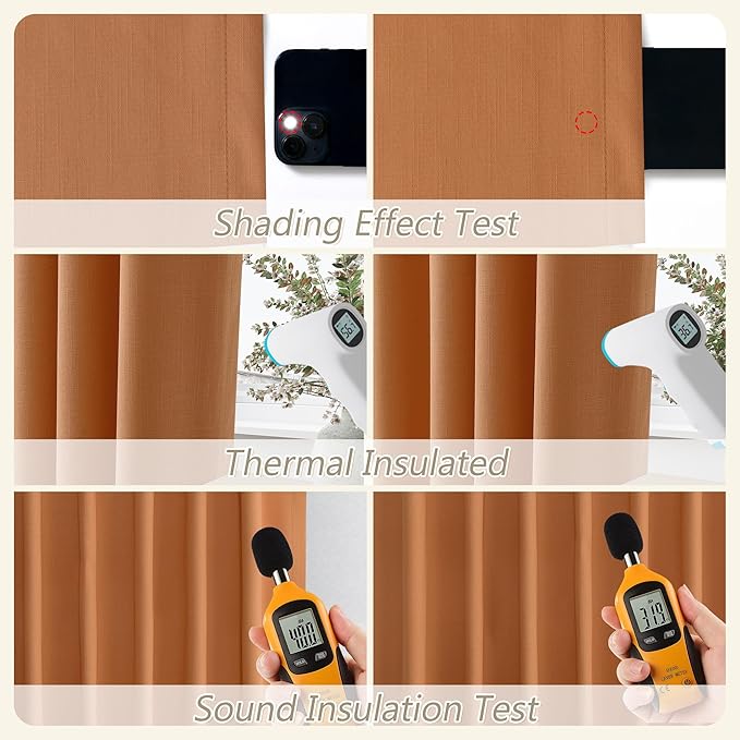 Guken Orange 100% Blackout Linen Curtains 120 Inch Length 2 Panels Set for Living Room Bedroom Back Tab/Rod Pocket Thermal Insulated Black Out Drapes Room Darkening Farmhouse Window Curtains 52x120