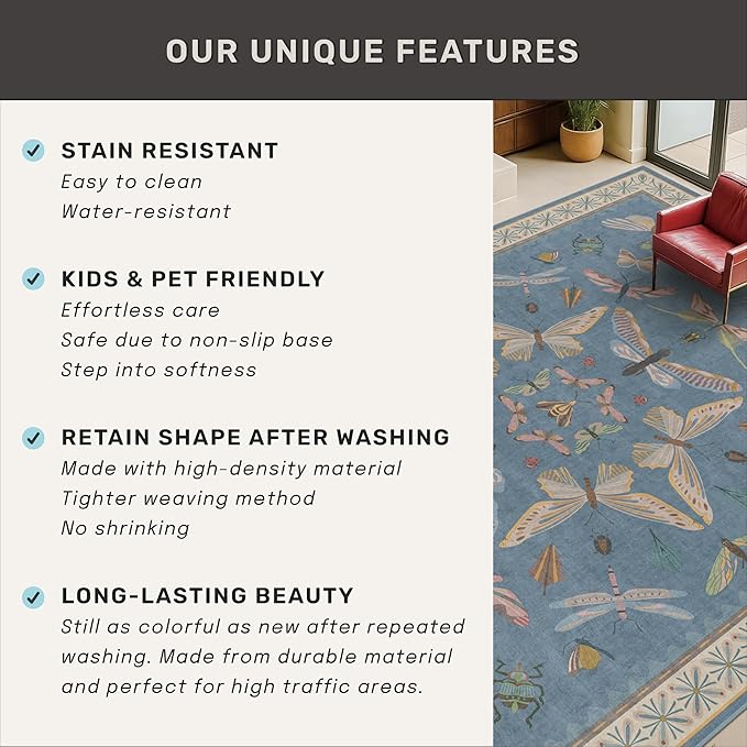Hazo Haus Insect Light Blue Rug for Living Room - 9x12 Cute Rugs for Bedroom, Moth Floral Boho Design, Low Pile Stain Resistant Washable, Perfect for High Traffic Area