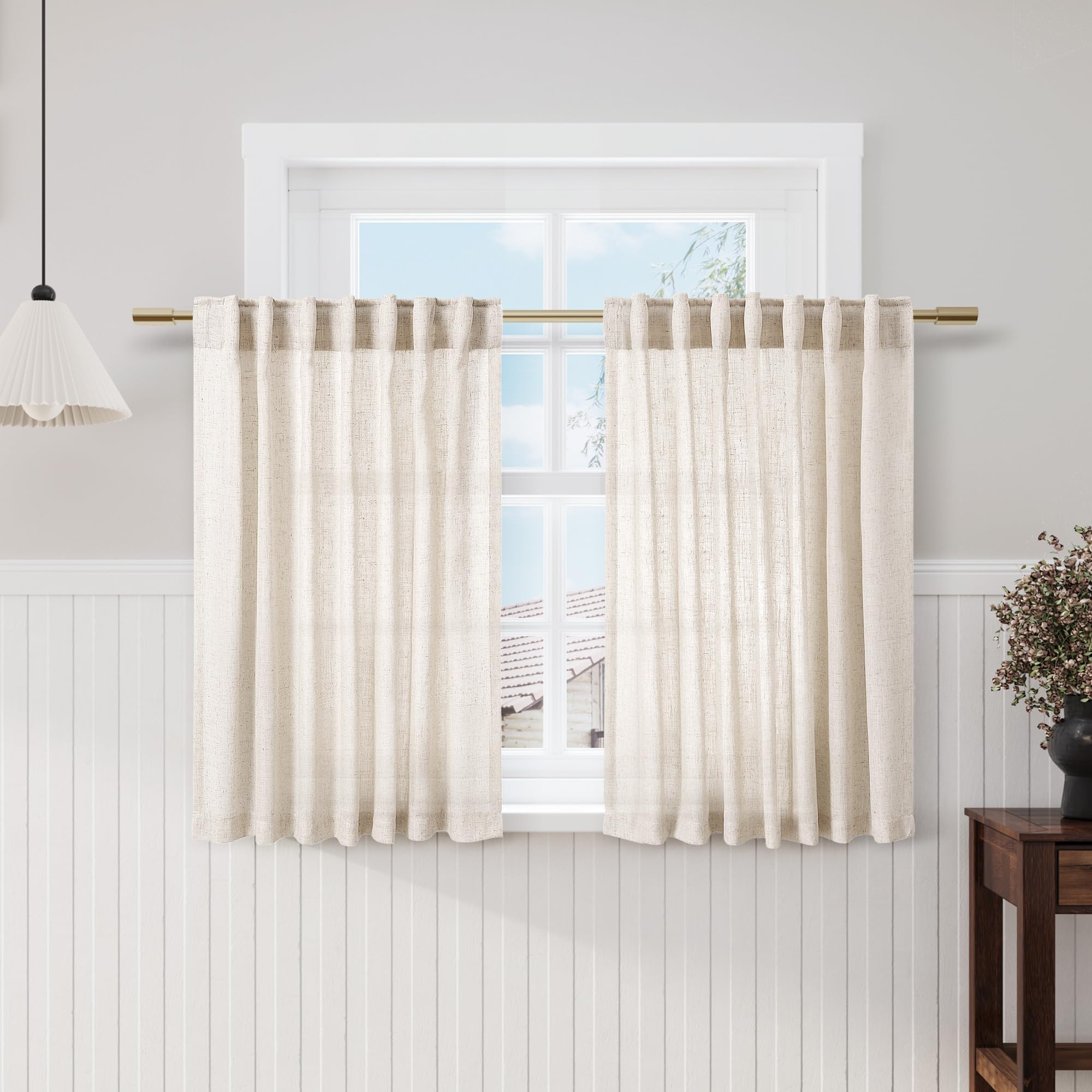 Nanspring Beige Cafe Curtains 48 Inch Length Set 2 Panel Back Tab Pocket Semi Sheer Short Linen Beige Curtain Tiers for Small Bathroom Window Basement 52x48