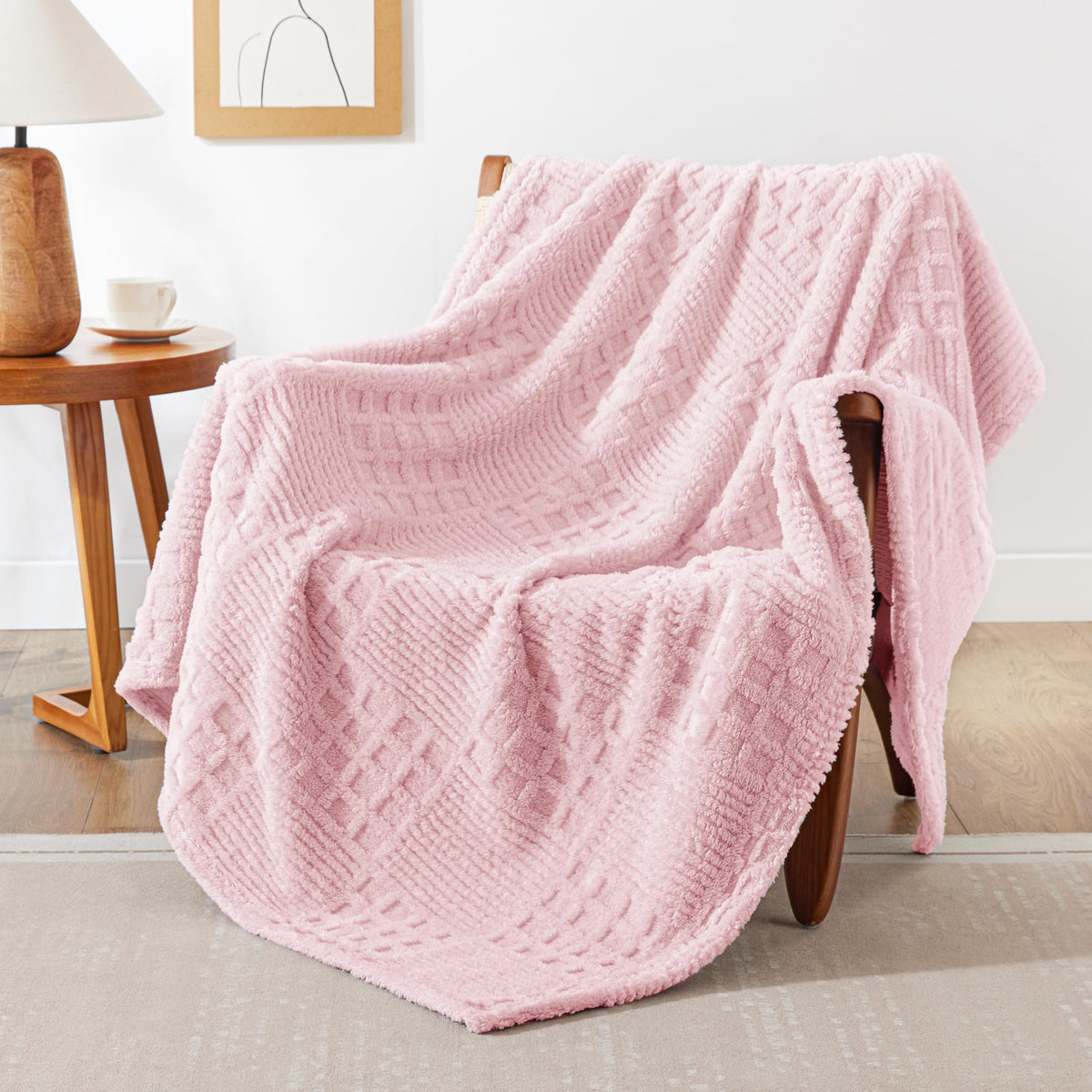EXQ Home Blue Fleece Throw Blanket for Couch or Bed Waffle Pattern Decor