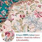 MSGKV Boho Throw Blanket for Bed 60"x80" Floral 100% Cotton Couch Blanket Spring Breathable Lightweight Farmhouse Flower Twin Size Blankets for Sofa Home Decor Muslin All Seasons