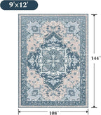 Rugflix 9x12 Area Rug for Living Room, Machine Washable Area Rugs with Non-Slip Backing, Large Soft Boho Vintage Rug for Bedroom, Dining Room, Low Pile Carpet, Kids Pet Friendly, Blue