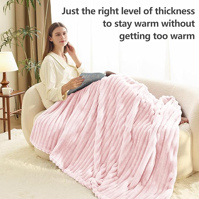 HIMEET Pink Queen Size Blanket for Bed, 300GSM Ribbed Fleece, 90 x 90 in