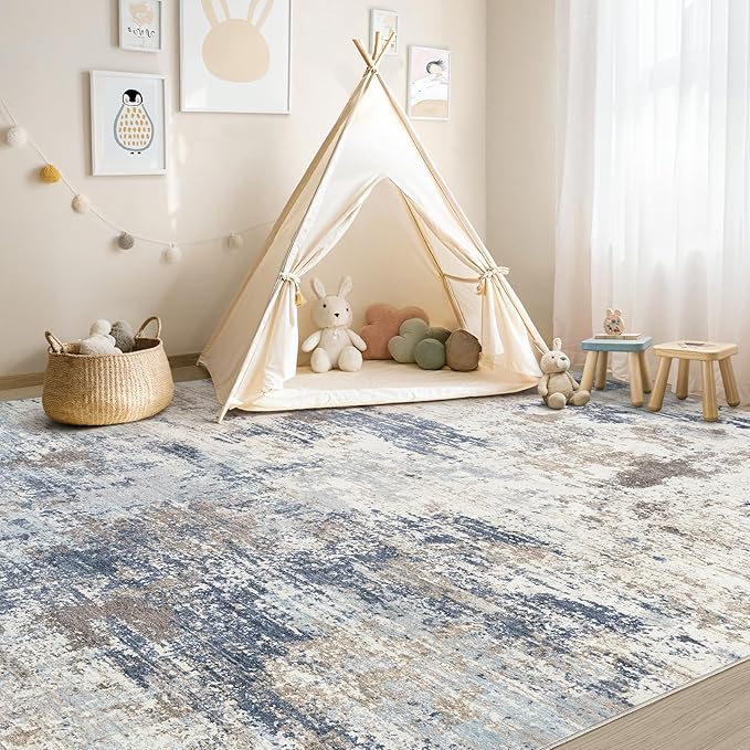 UERMEI 5x7 Area Rug Living Room Rugs Thickened - Washable Neutral Modern Abstract Soft Rug Indoor Floor No Slip Rug Carpet for Bedroom Under Dining Table Home Office Decor - Denim Blue