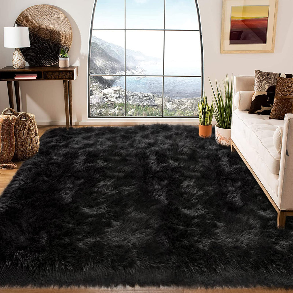 Latepis Area Rug 6x8, Faux Fur Sheepskin Rug for Living Room, Fluffy Washable Rugs for Bedroom, Dorm, Luxury Room Decor, Black Fur Rugs, Rectangle