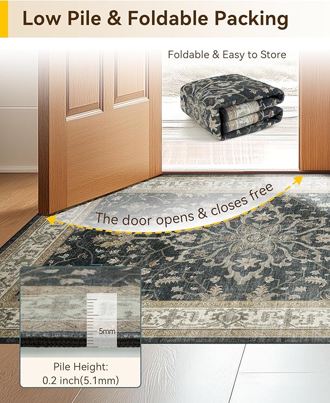RELEANY Washable Area Rug, 4'x6', Black/Vintage/Beige