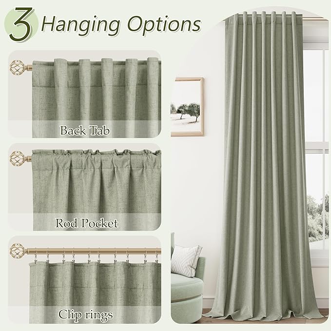 Sage Green 100% Blackout Linen Curtains 86 Inch Length 2 Panels Set for Living Room Bedroom Back Tab Thermal Insulated Black Out Drapes Room Darkening Window Curtains 86 Inches Long