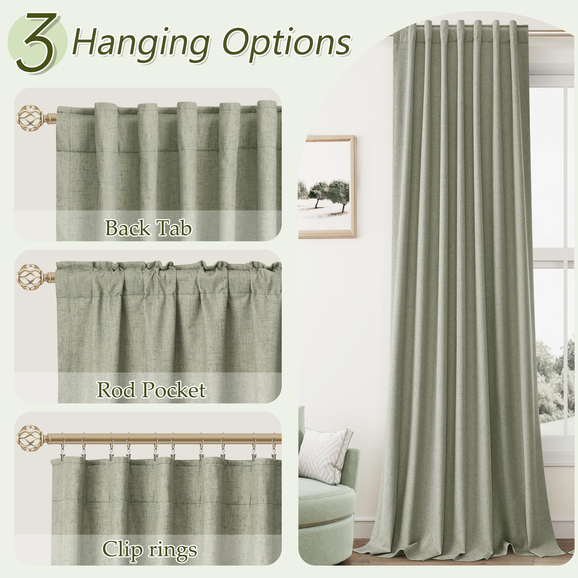 Sage Green 100% Blackout Curtains 96 Inch Length 2 Panels Set for Living Room Bedroom Back Tab Thermal Insulated Black Out Linen Drapes Room Darkening Window Curtains 96 Inches Long
