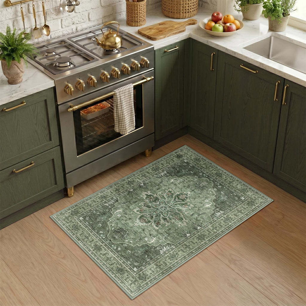 RELEANY Washable Area Rug, Small 2'x3', Green/Dark Green/Gray
