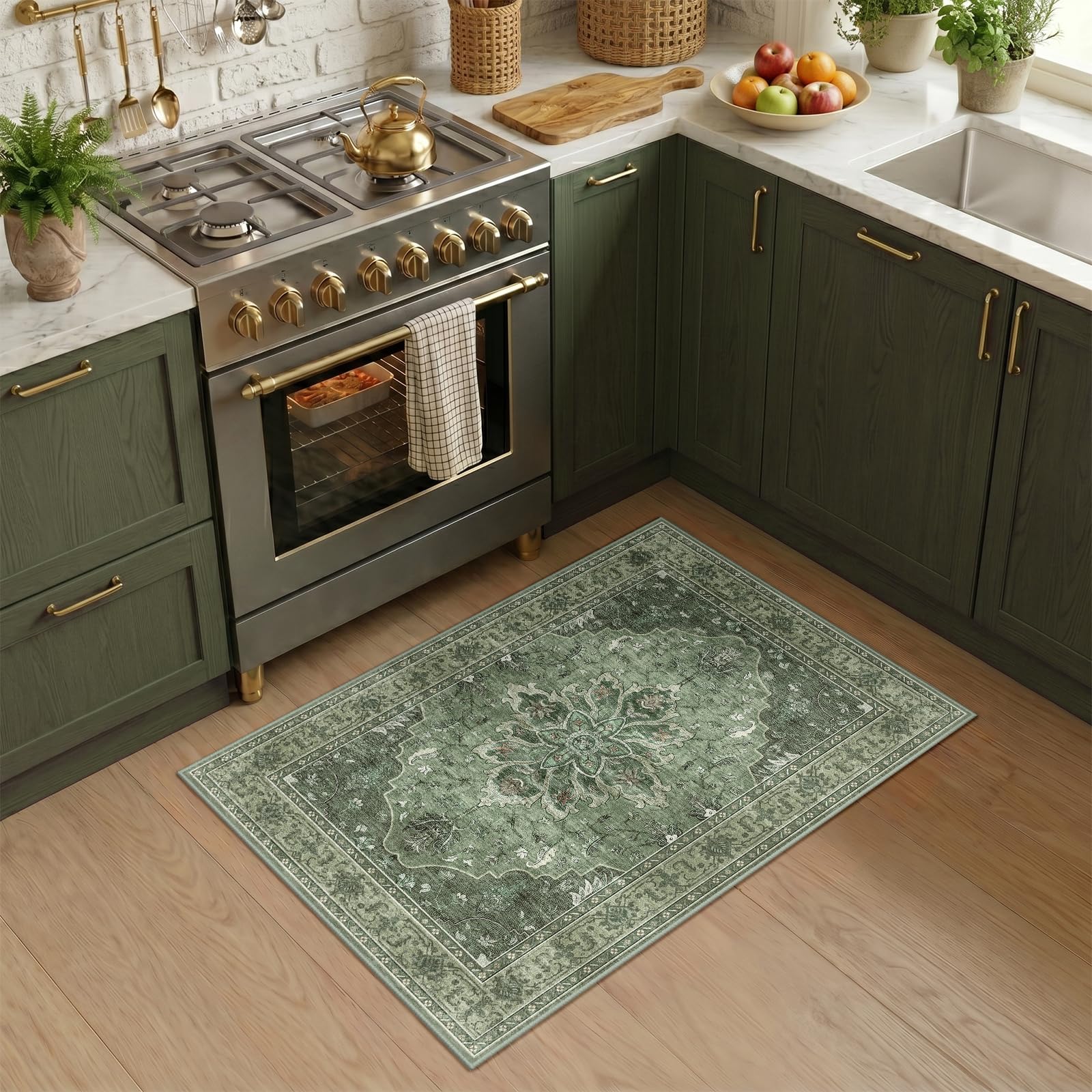 RELEANY Washable Area Rug, Small 2'x3', Green/Dark Green/Gray