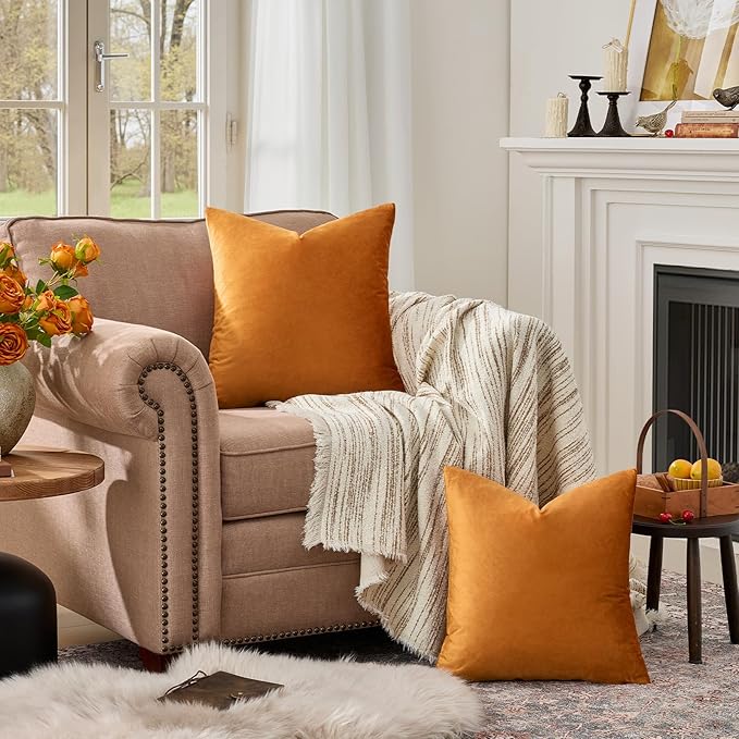 GIGIZAZA Decorative Throw Pillow Covers 16x16,Set of 2 Burnt Orange Square Couch Pillow Covers,Velvet Sofa Boho Cushion Pillows
