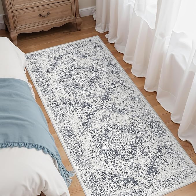 EISUROM 2x5 Washable Runner Rug: Vintage Medallion Kitchen Soft Rugs Gray