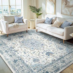 Area Rugs 5'x7' Washable Non-Slip, Floral Vintage Distress Print Pattern Medallion Carpet for Living Room Bedroom Dining Room, Light Blue Navy Beige Gray White