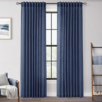 Navy Blue Curtains 96 inch Length for Bedroom Back Tab Light Filtering Semi Sheer Blue Living Room Curtains Linen Cotton Textured Indigo Blue Drapery Panel Modern Aesthetic Decor 60" Wx96 L
