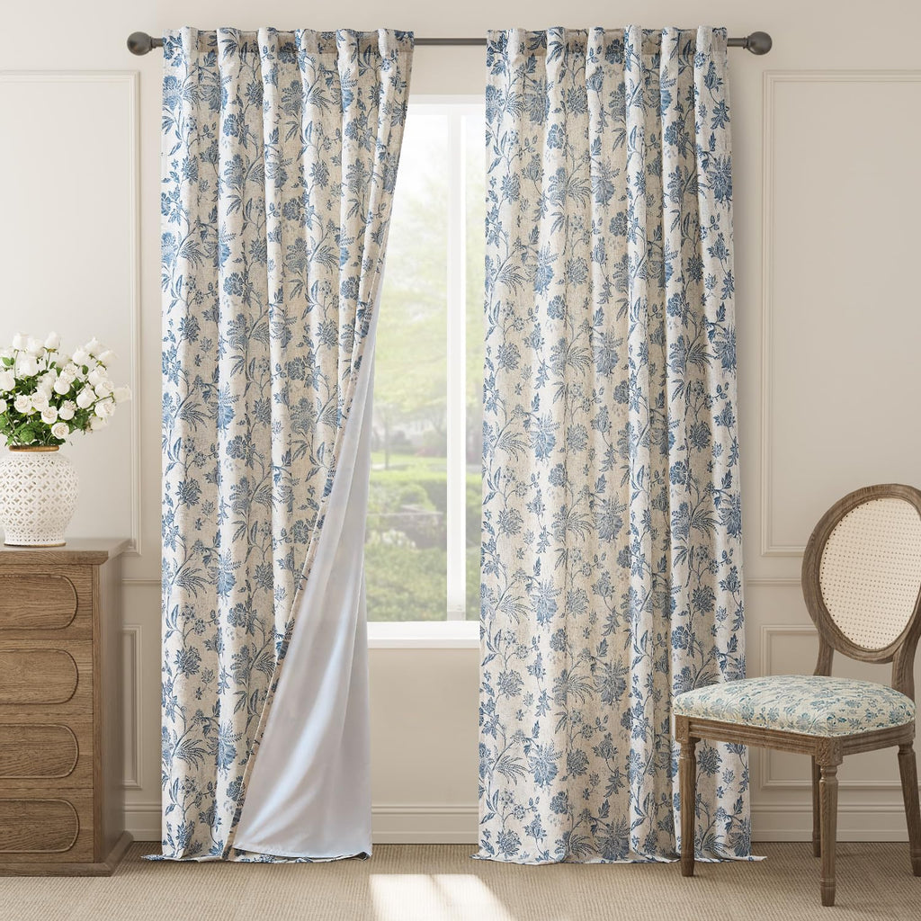 jinchan Lined Linen Floral Curtains for Living Room, 96 Inch Length Printed Flower Farmhouse Patterned French Country Back Tab Blue Window Drapes Set Privacy Bedroom Curtains, 2 Panels