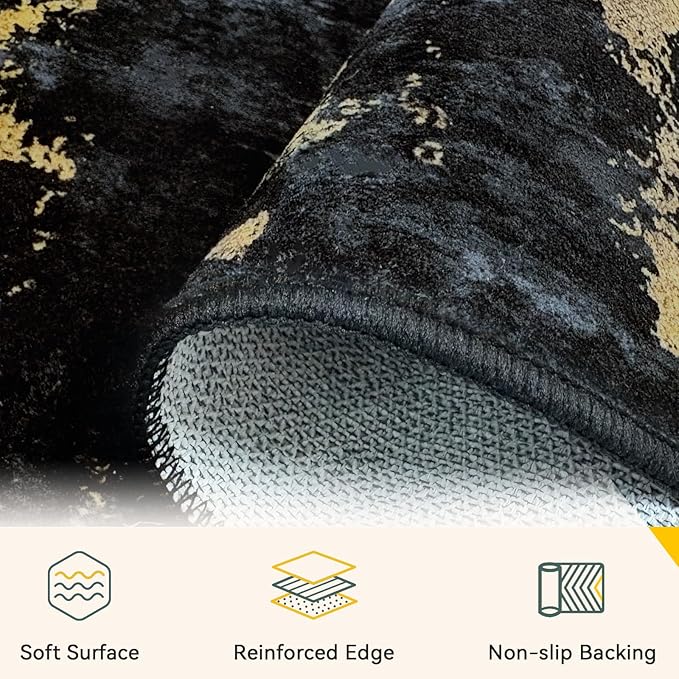 RELEANY Washable Runner 3'x7' Abstract Area Rug for Hallway Black Gold