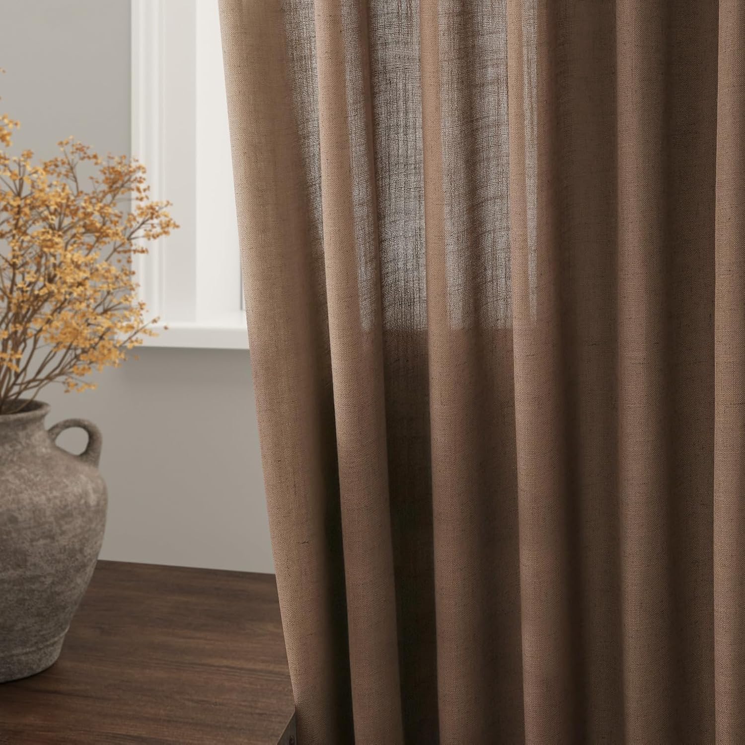 Nanspring Caramel Brown Linen Curtains for Living Room 92 Inches Long Back Tab Light Filtering Semi Sheer Vintage Rustic Curtain Luxury Boho Decor Drapes for Bedroom Office 52x92, 2 Panels