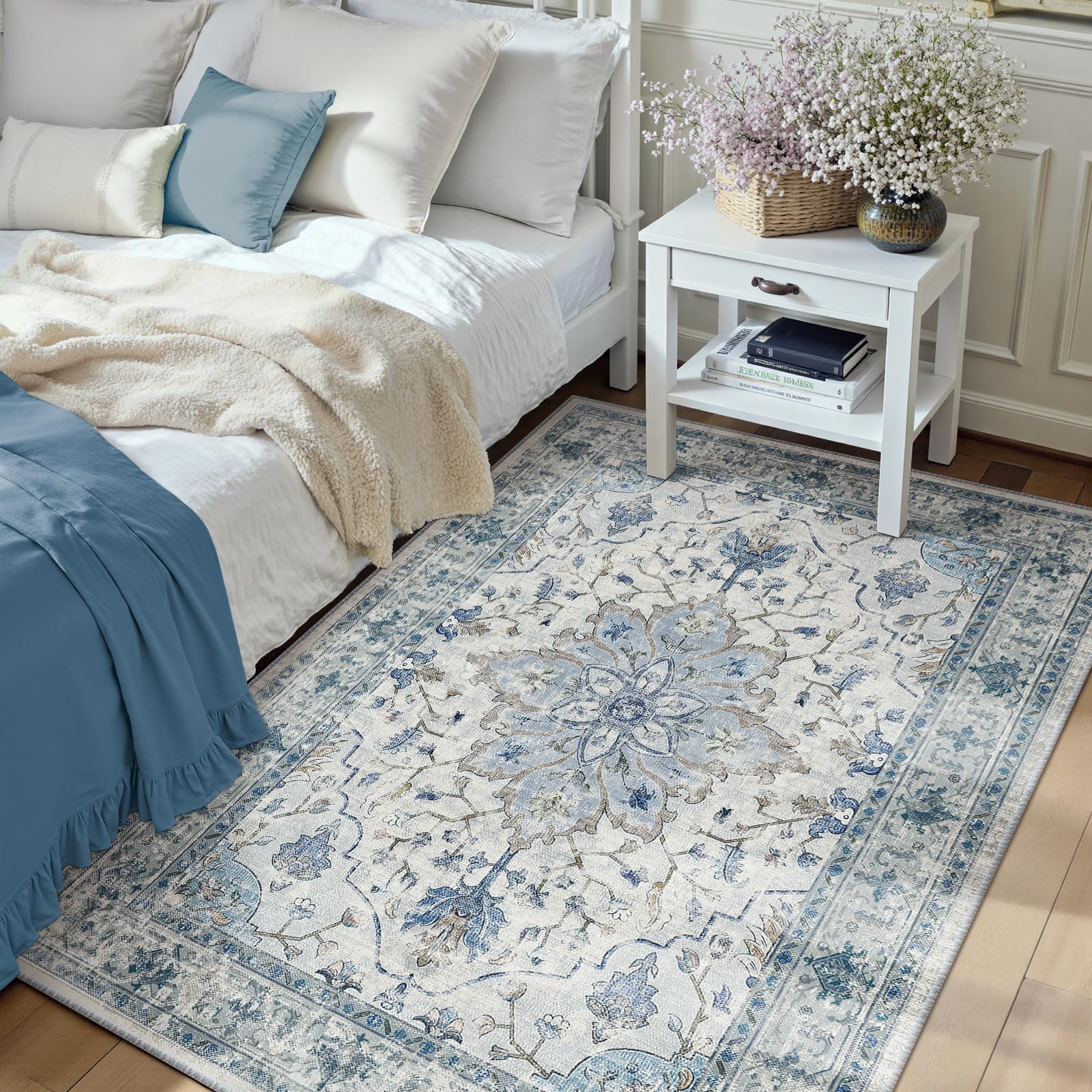 RELEANY Washable Area Rug, 3'x5', Blue/White/Gray