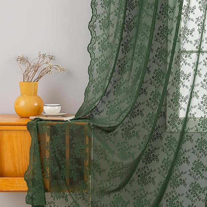 YJ YANJUN Vintage Lace Curtains 108 Inches Long- Victorian Floral Pattern Dark Olive Green Sheer Curtain Panels for High Ceiling Living Room Aesthetic Neutral Decor 52Wx108L Moss Green