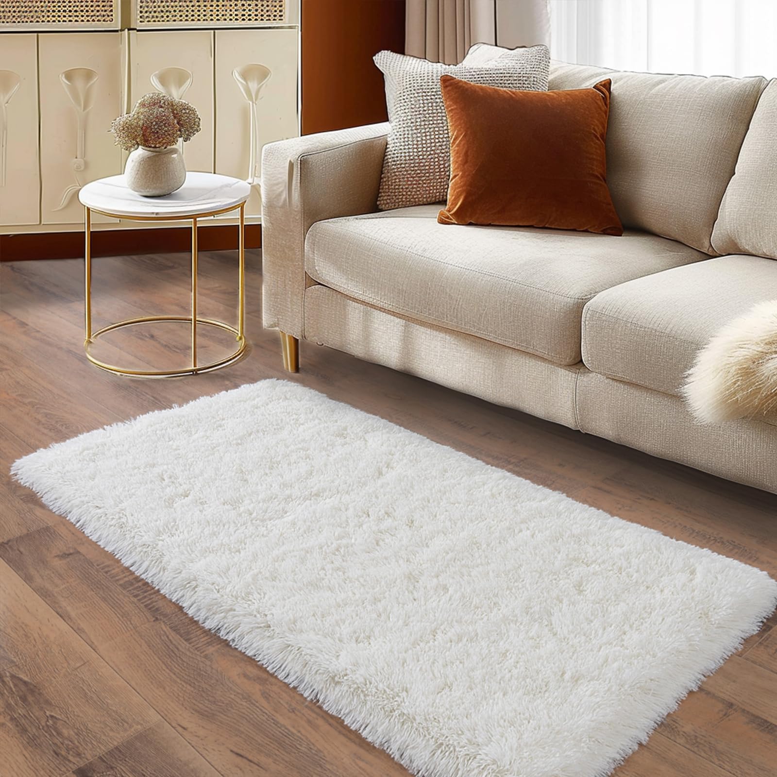 Ailyei Ultra Soft Runner Rugs for Bedroom Hallways with Upgraded Non-Slip Rubber Backing & Thick Memory Sponge, 2x4 Feet Fluffy Shag Throw Area Rug for Bedside Dorm Cream