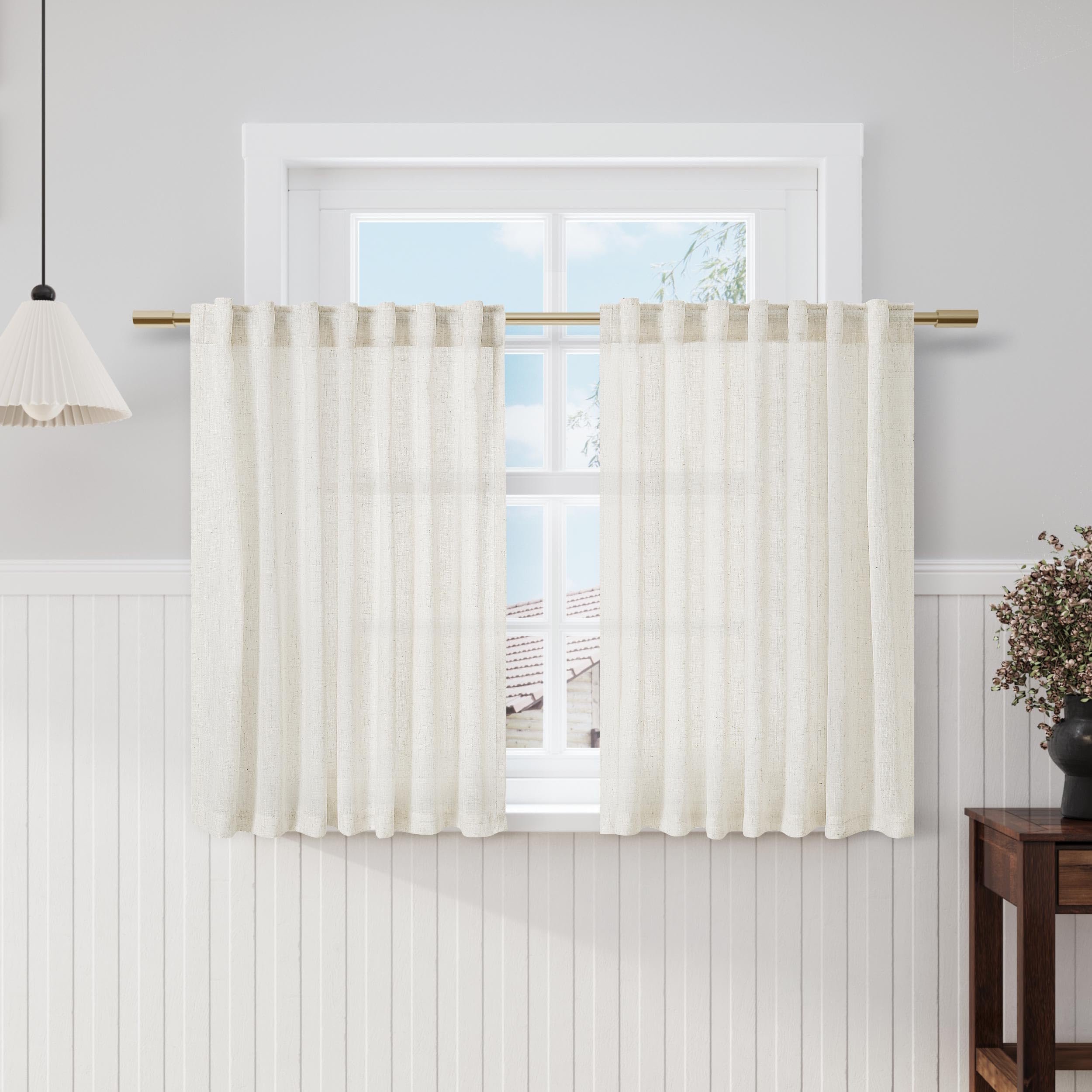 Cream Kitchen Cafe Linen Curtains 49 Inch Length 2 Panel Set Back Tab Pocket Semi Sheer Light Filtering Short Curtain Natural Farmhosue Small Curtains for Basement Window Bathroom Living Room 52x49