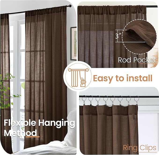 BGment Brown Linen Short Curtains 36 Inch Length for Window, Small Sheer Drapes for Kitchen Cafe Over Sink Bathroom Decor Lightweight Rustic Country Textured Rod Pocket, 2 Panels, Each 30 Inch Wide