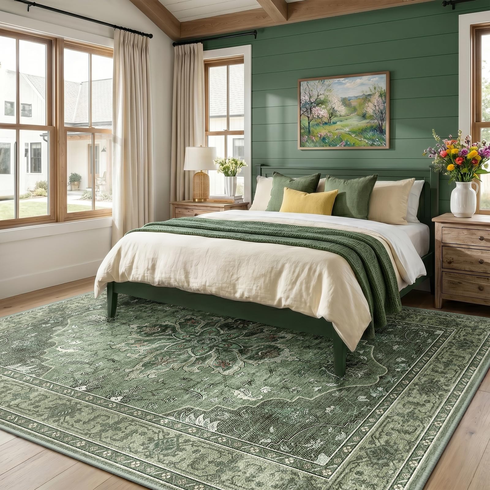 RELEANY Washable Area Rug, Large 9'x12', Green/Dark Green/Gray