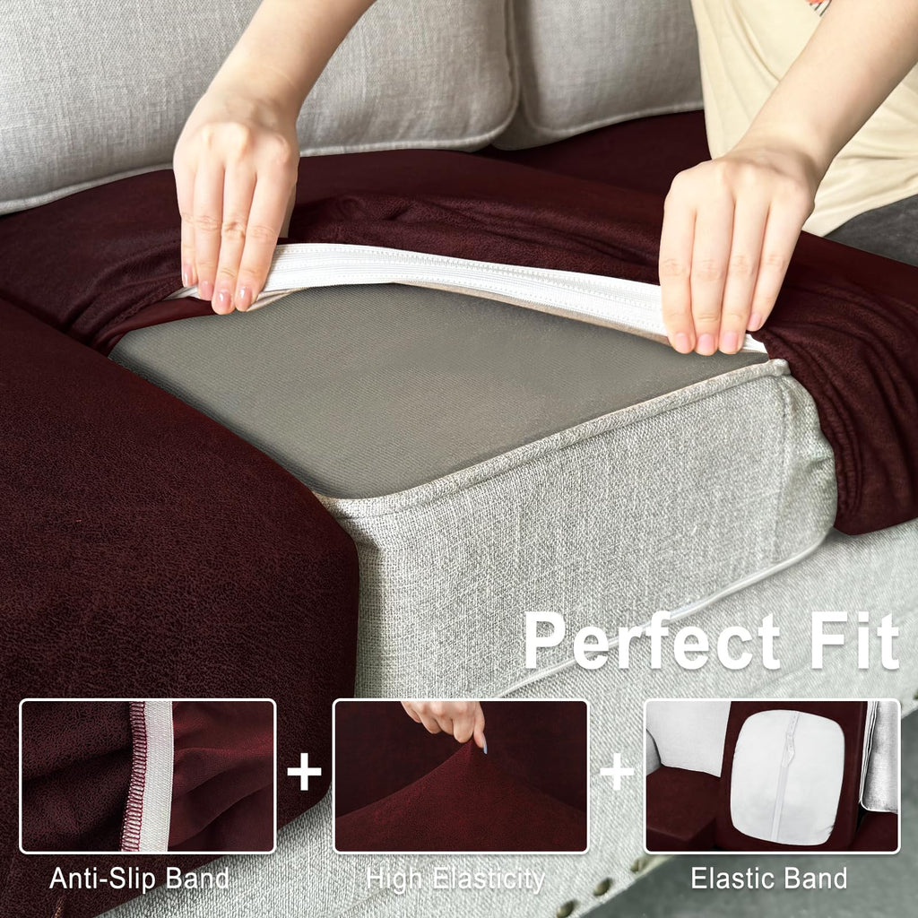 ANARACHON Leather Look Couch Cushion Covers Sofa Seat Slipcovers Sets Couches Furniture Protector for Sectional Armchair Loveseat Pets Kids Stretch Spandex Fabric (3 Cushion Sofa, Burgundy)