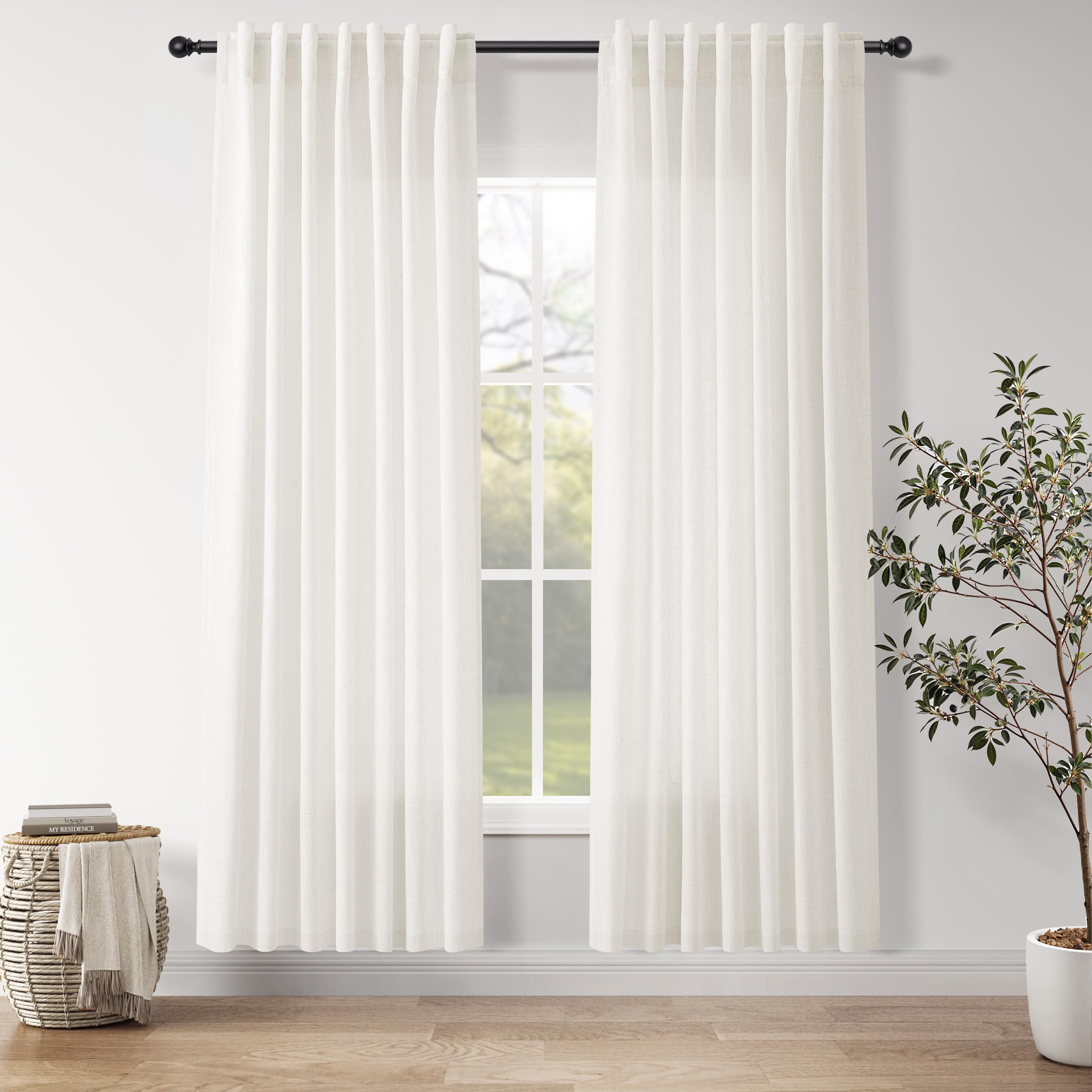 Nanspring Neutral Linen Curtains 80 Inch Length for Living Room Light Filtering Semi Sheer Curtain Coastal Modern Farmhouse Decor Drapes for Bedroom Back Tab and Rod Pocket 52x80, 2 Panels