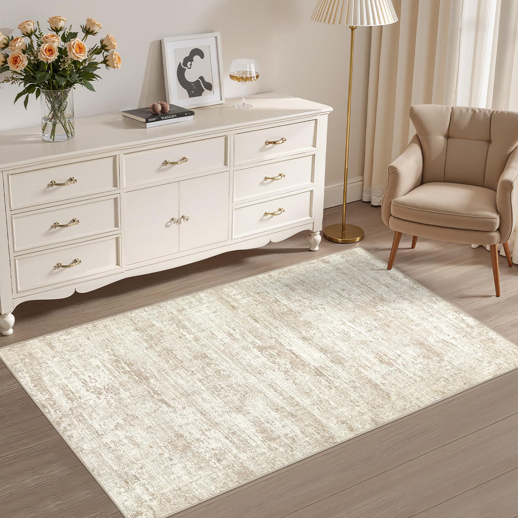 UERMEI 3x5 Washable Area Rug - Neutral Modern Abstract Living Room Rugs, Non-Slip Soft Large Indoor Floor Carpet for Bedroom Home Office & Under Dining Table Decor, Beige/Brown