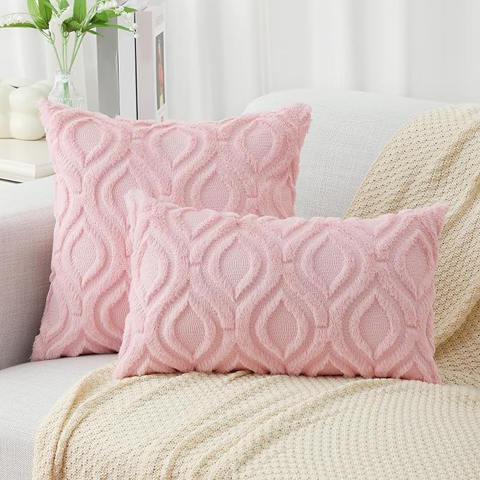 decorUhome Faux Fur Plush Light Pink Throw Pillow Covers 18x18 Set of 2