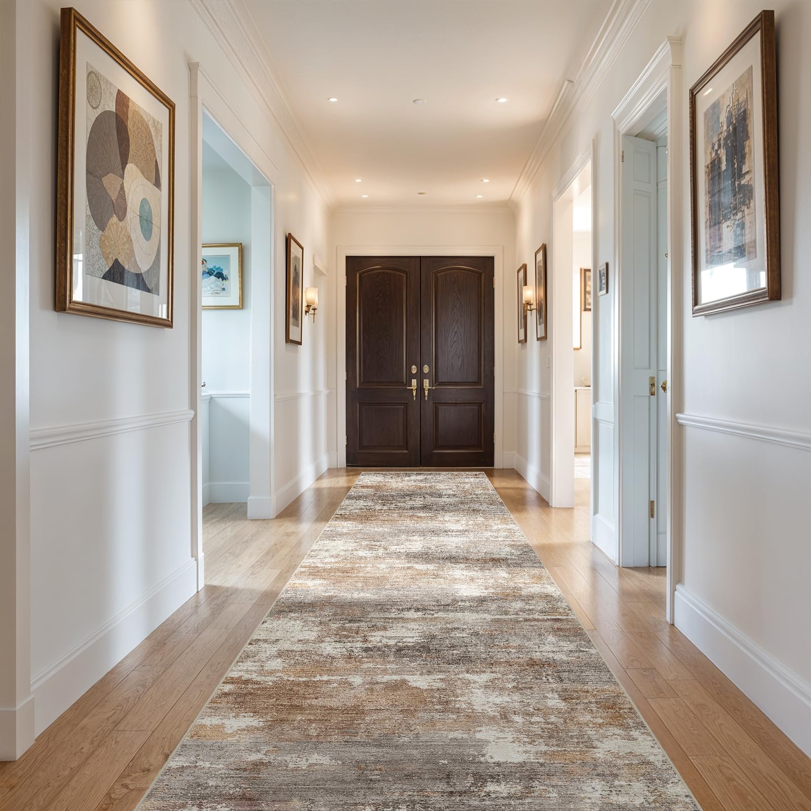 2'6x14 Runner Rug Washable Abstract: Non Slip Hallway Floor Mat Brown/Brick