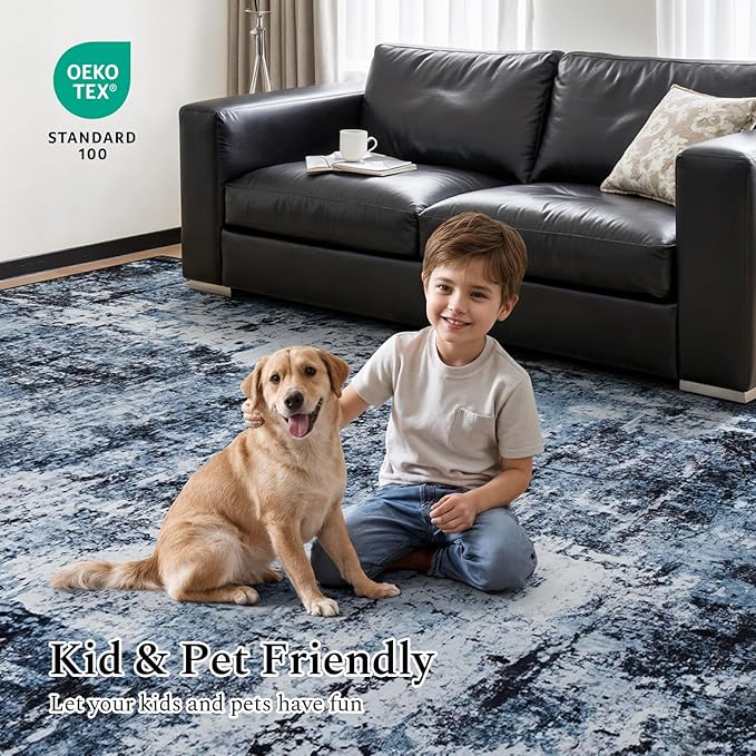 Rugflix 10x14 Area Rugs for Living Room, Washable Large Rug Stain-Resistant Low Pile, Modern Dark Carpet for Dining Room Home Office Kid Room Nursery Bedroom, Navy Blue/Black