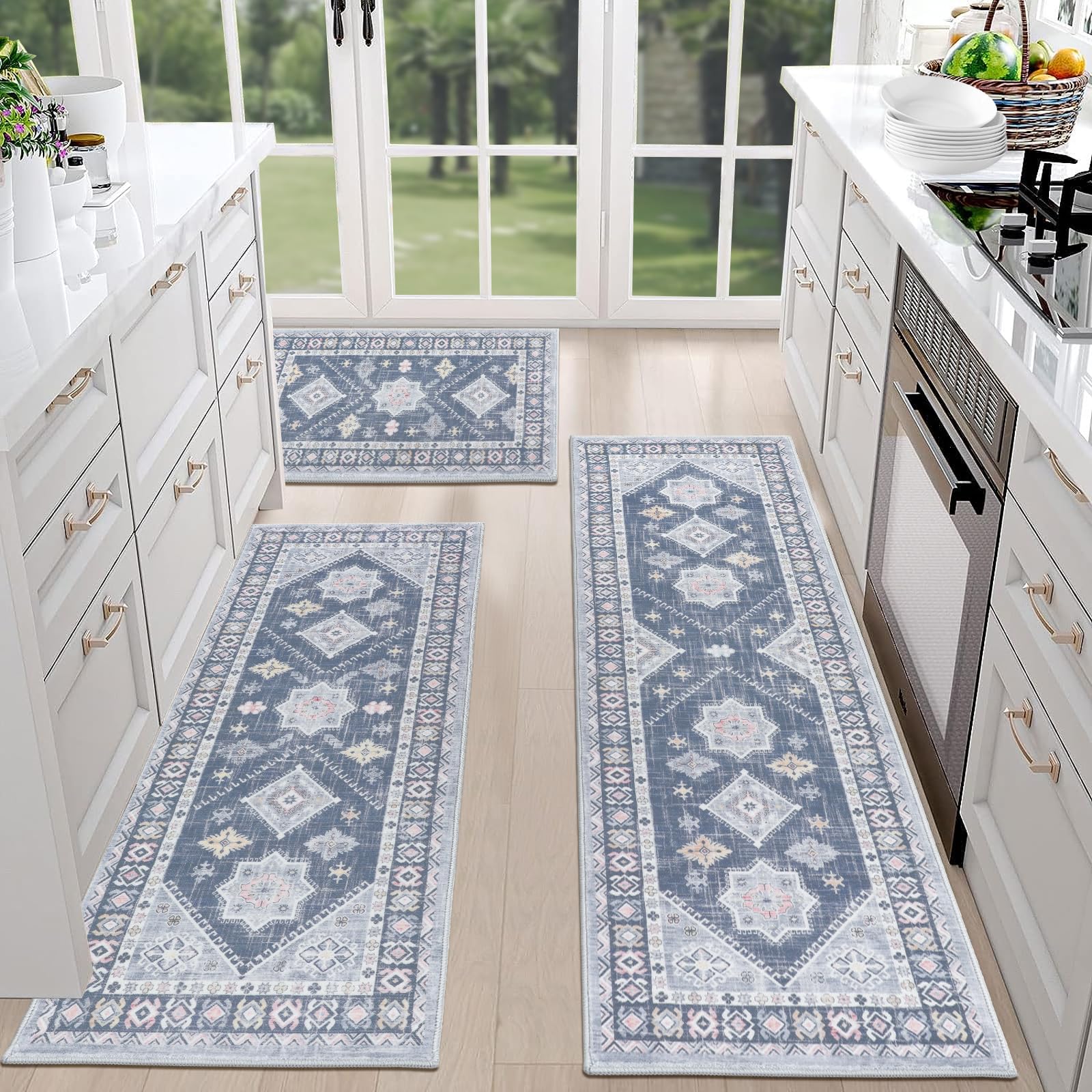 HEBE Boho Kitchen Rugs Set of 3, Non Slip Washable Kitchen Mats for Floor