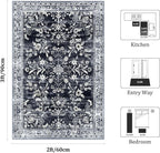 Yamaziot Washable Runner Rug 2x3 – Non Slip Small Entryway Rug Boho Floral Rug with Rubber Backing, Low Pile Faux Wool Distressed Carpet for Indoor Door Mat, Kitchen, Laundry Entrance, Navy/Black