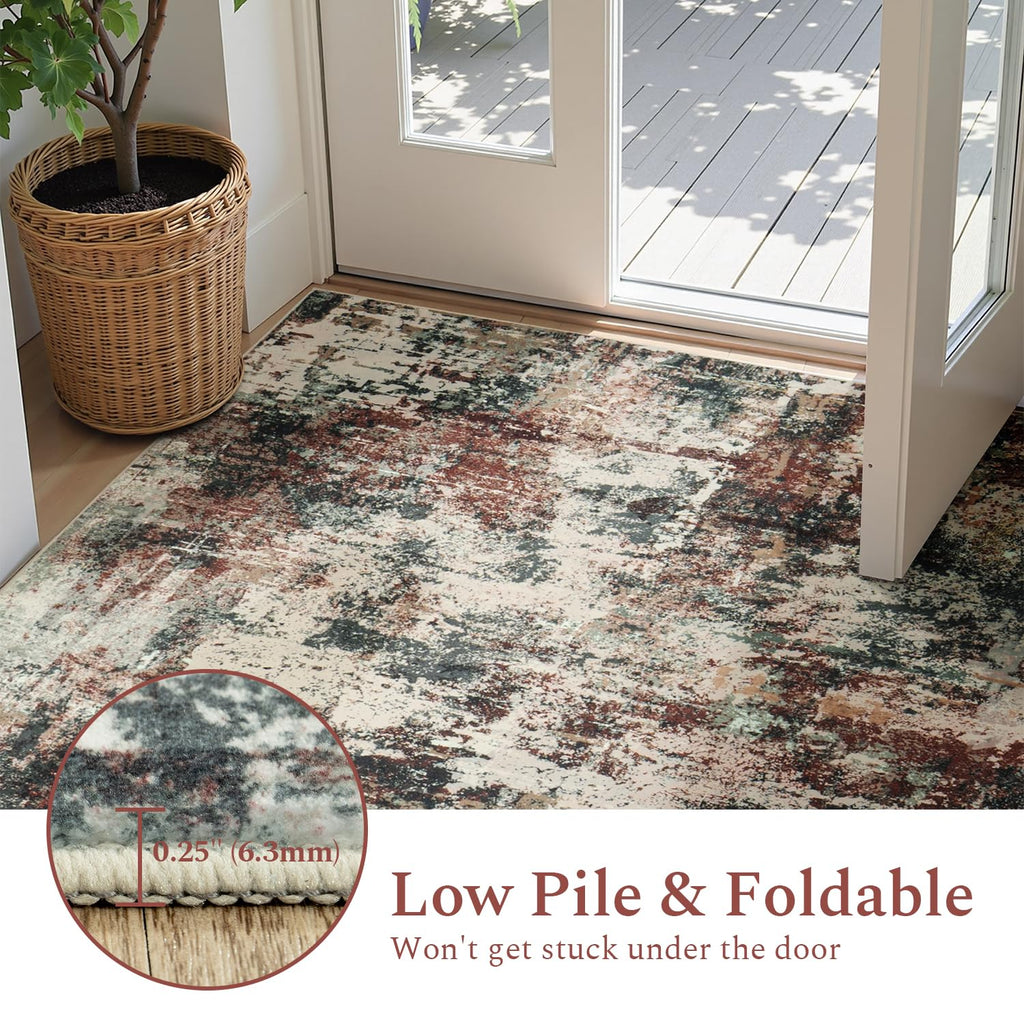 Rugflix 8x10 Area Rugs for Living Room, Washable Rust Brown Green Large Rug