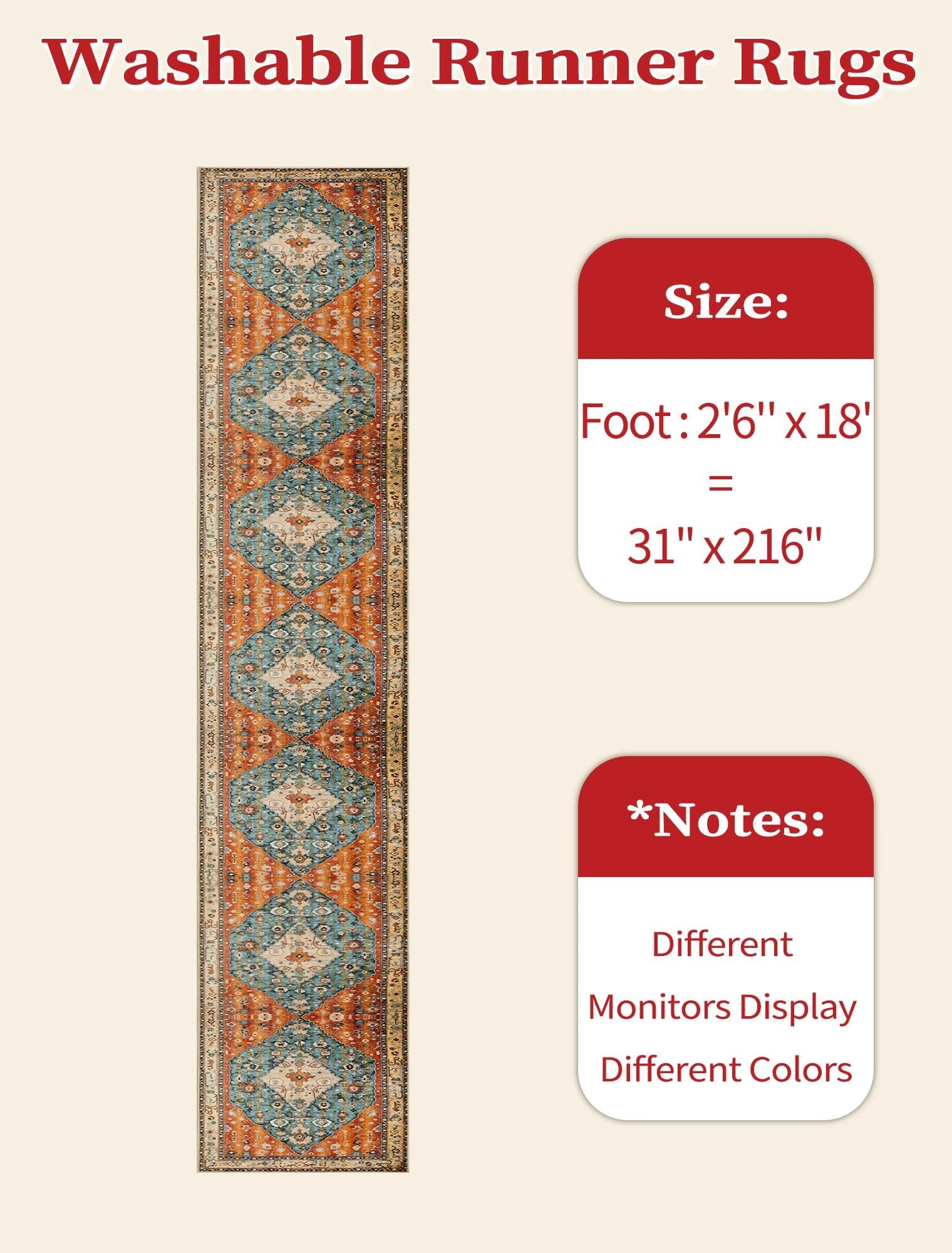 SERISSA 2'6"x18' Washable Non Slip Boho Runner Rug for Hallway