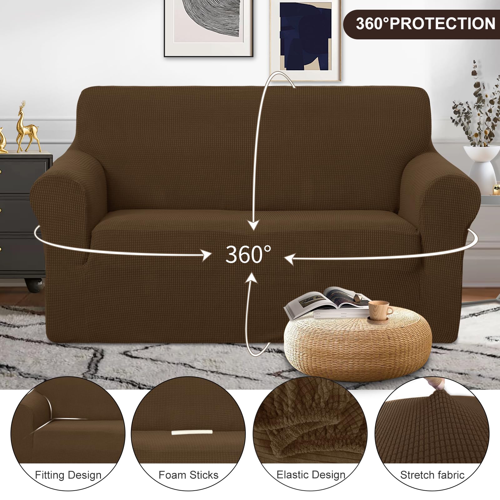 U-NICE HOME Loveseat Cover Stretch Couch Cover Sofa Slipcover, Brown